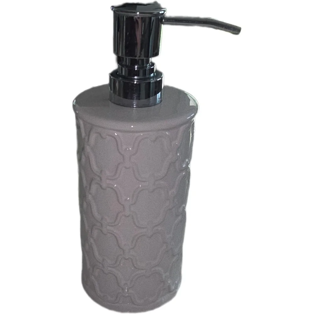 White Ceramic Soap Dispenser Embossed Trellis Pattern Chrome Pump Bathroom Decor
